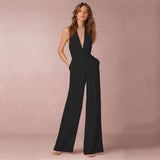 Damen Jumpsuit mit Tiefer V-Ausschnitt – Eleganter Ärmelloser Overall mit Weitem Bein