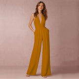 Damen Jumpsuit mit Tiefer V-Ausschnitt – Eleganter Ärmelloser Overall mit Weitem Bein