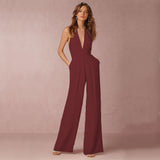 Damen Jumpsuit mit Tiefer V-Ausschnitt – Eleganter Ärmelloser Overall mit Weitem Bein