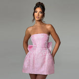 Champagnerfarbene Mini-Cocktailkleid – Schulterfreies Abendkleid mit Schleifendetail
