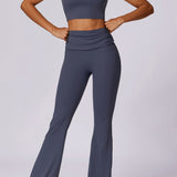 Amira | Dunkelblau High-Waist Flare Leggings mit Faltbund