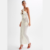 Häkel-Maxikleid mit Blumenapplikationen und Neckholder für Damen