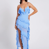 Volant Maxikleid mit Spaghettiträgern und hohem Schlitz für Damen