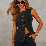 Leona | Stylisches Denim-Zweiteiler-Set mit Weste & Weitbein-Hose