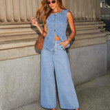 Leona | Stylisches Denim-Zweiteiler-Set mit Weste & Weitbein-Hose