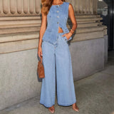 Leona | Stylisches Denim-Zweiteiler-Set mit Weste & Weitbein-Hose