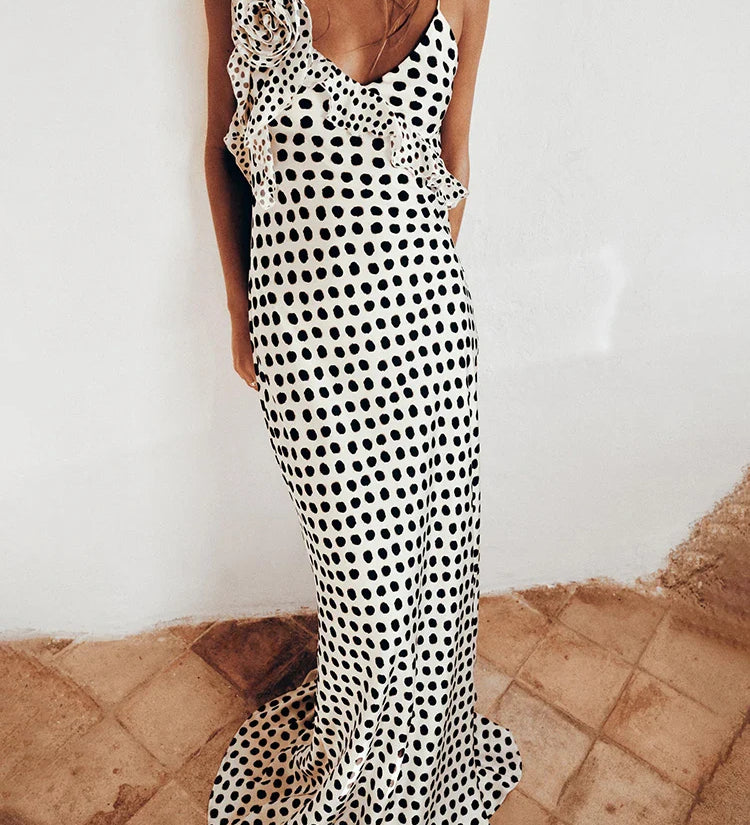 Langes Maxikleid mit Spaghettiträgern und Punktemuster für Damen