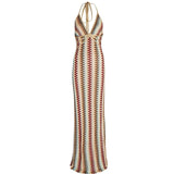 Boho Maxikleid mit Retro-Wellenmuster & Neckholder – Rückenfrei & figurbetont