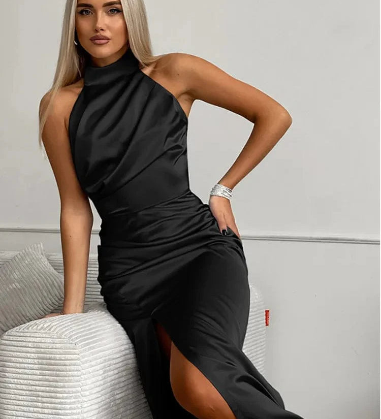 Ylva | Elegantes Satin Halterneck-Abendkleid mit Beinschlitz