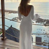 Maxikleid im Häkel-Look mit tiefem Ausschnitt und langen Ärmeln
