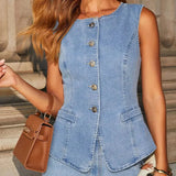 Leona | Stylisches Denim-Zweiteiler-Set mit Weste & Weitbein-Hose