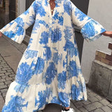 Maxikleid mit Print, Volantärmeln & Stehkragen – Stilvoll & Luftig
