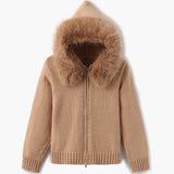 Damen Strickjacke Grau mit Kapuze und Kunstpelz – Warme Winterjacke