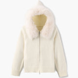 Damen Strickjacke Grau mit Kapuze und Kunstpelz – Warme Winterjacke