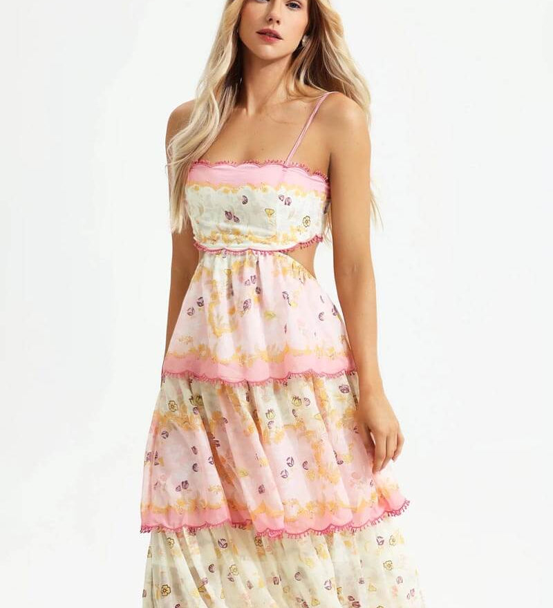 Odetta | Romantisches Blumen Maxikleid mit Zurück Spitzen-Details