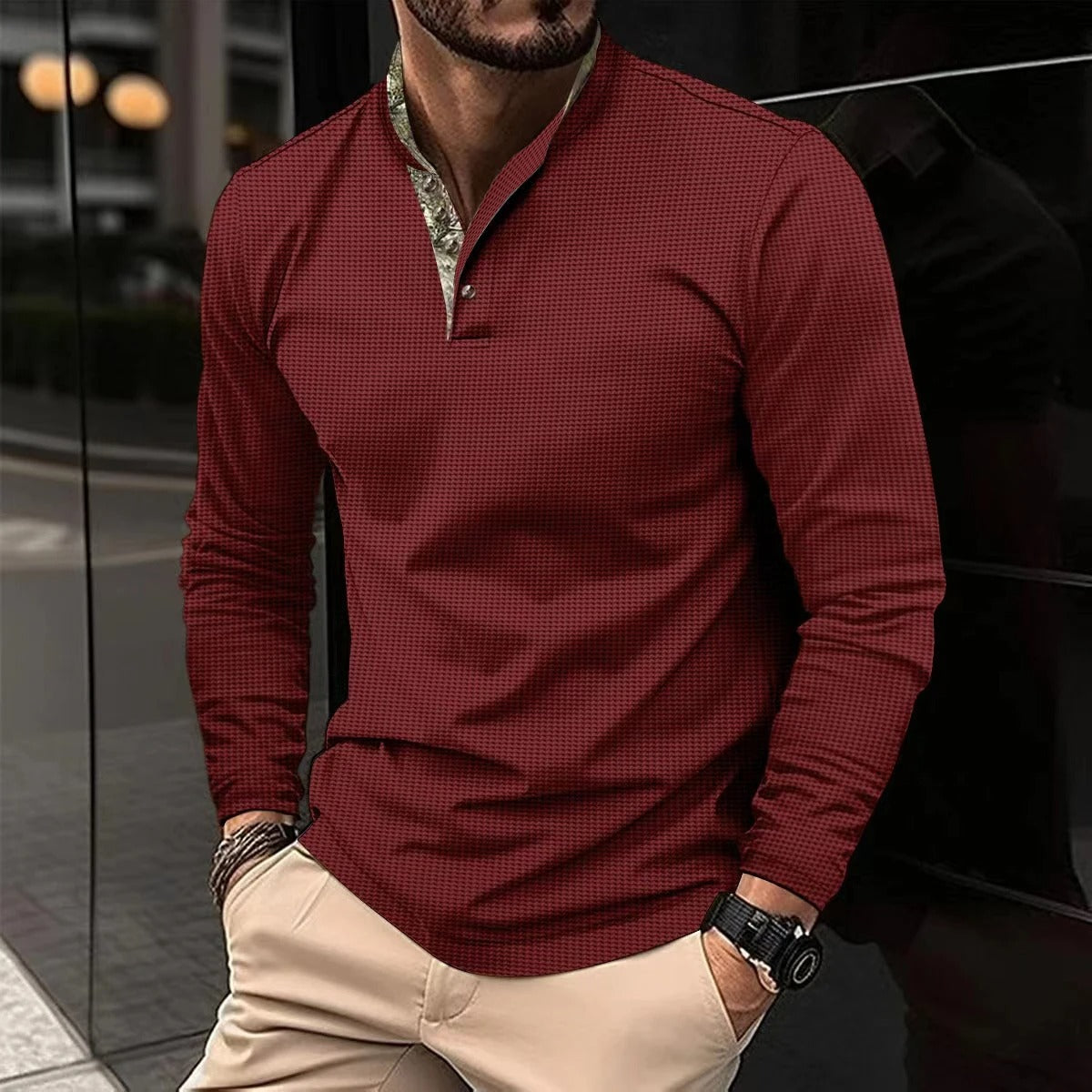 Langarm Henley Shirt für Herren mit Stehkragen – Stilvolles Freizeitshirt