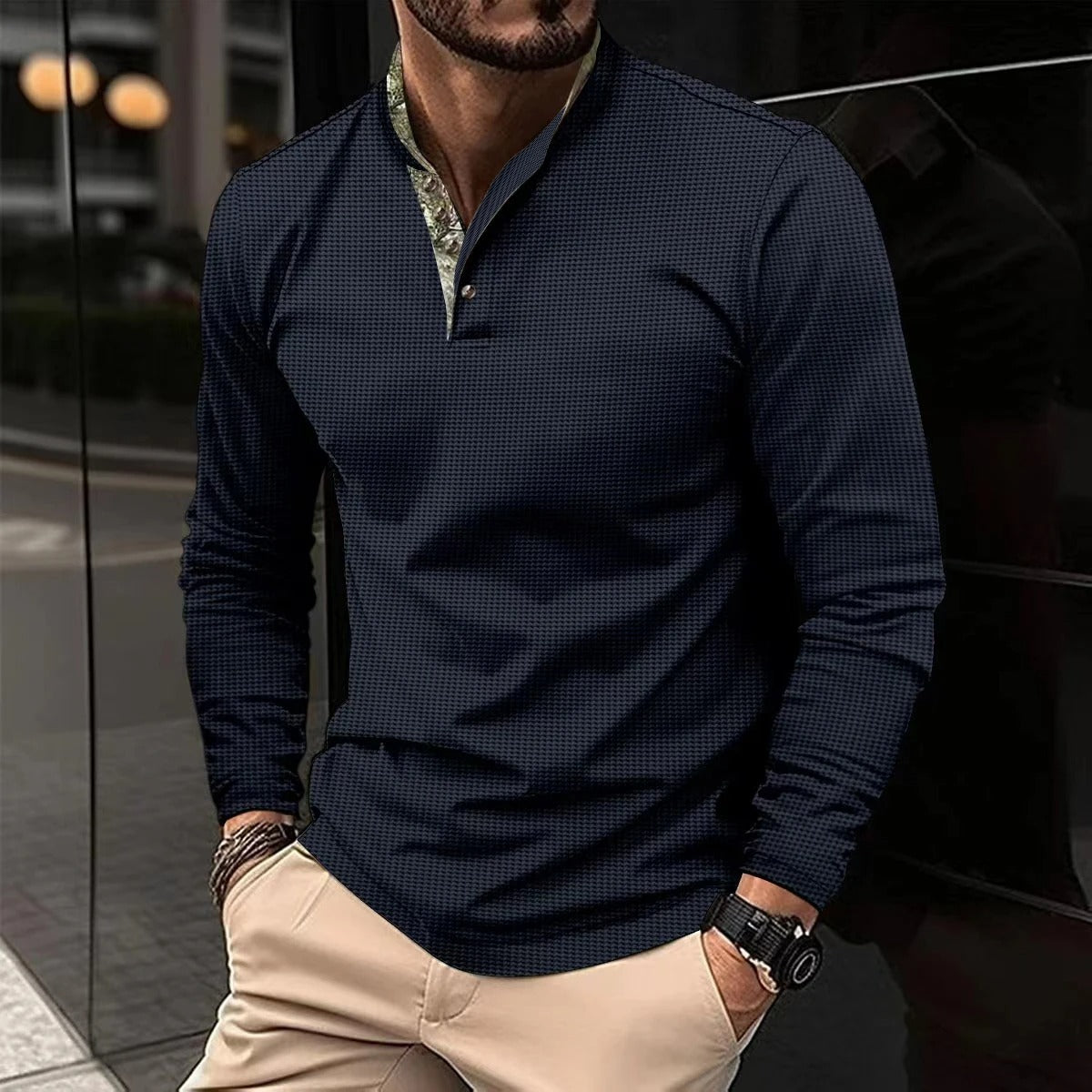 Langarm Henley Shirt für Herren mit Stehkragen – Stilvolles Freizeitshirt