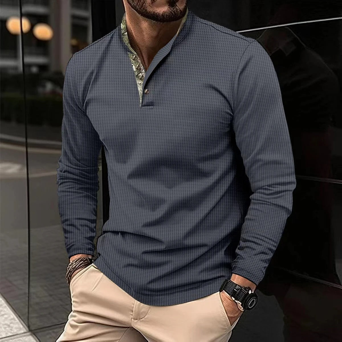 Langarm Henley Shirt für Herren mit Stehkragen – Stilvolles Freizeitshirt