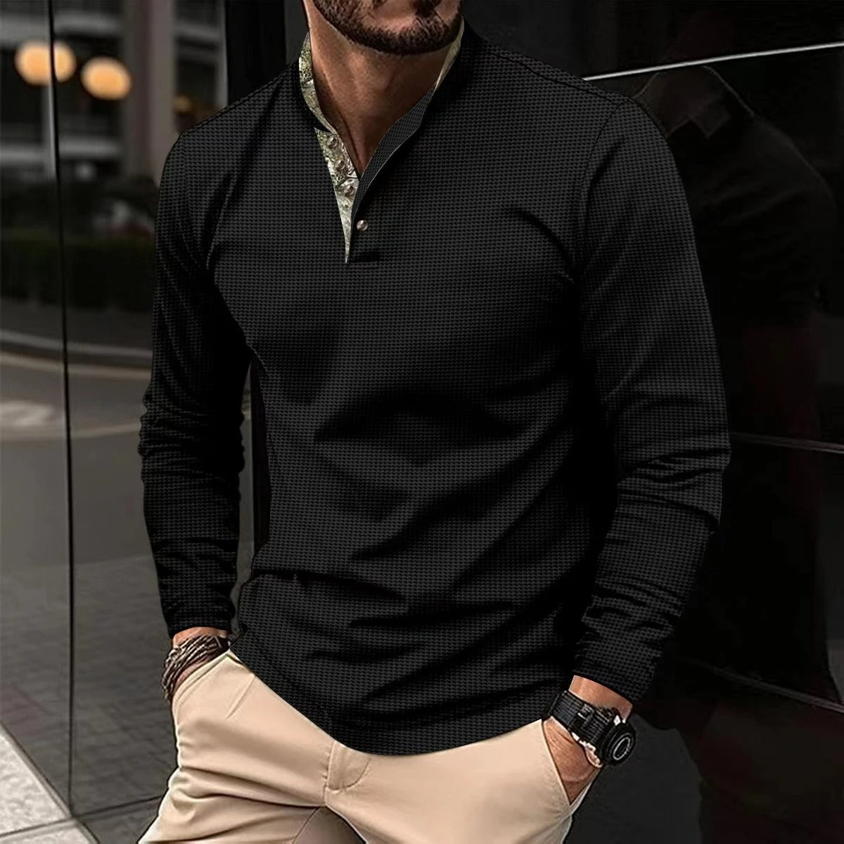 Langarm Henley Shirt für Herren mit Stehkragen – Stilvolles Freizeitshirt