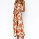 Satiniertes Midikleid – Sommerkleid mit Blumenmuster, Cut-Out & Spaghettiträgern