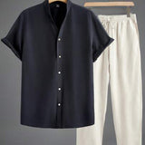 Minimalistisches Herren-Set | Kurzarmhemd mit Stehkragen & Hose