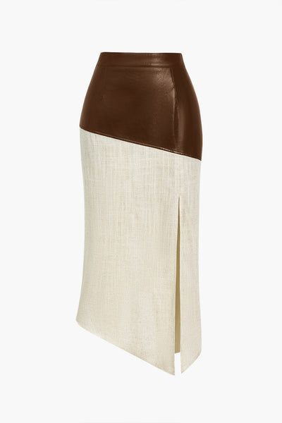 Danica | Eleganter Midirock mit asymmetrischem Kunstleder und Leinen-Design
