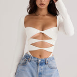 Margot | Chic Weiß Ausschnitt Langarm Crop Top für Trendy Frauen
