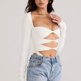 Margot | Chic Weiß Ausschnitt Langarm Crop Top für Trendy Frauen