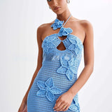 Häkel-Maxikleid mit Blumenapplikationen und Neckholder für Damen