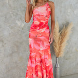 Asymmetrisches Midikleid mit Blumenmuster – Schulterfreies Sommerkleid mit Volant-Saum
