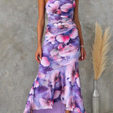 Asymmetrisches Midikleid mit Blumenmuster – Schulterfreies Sommerkleid mit Volant-Saum