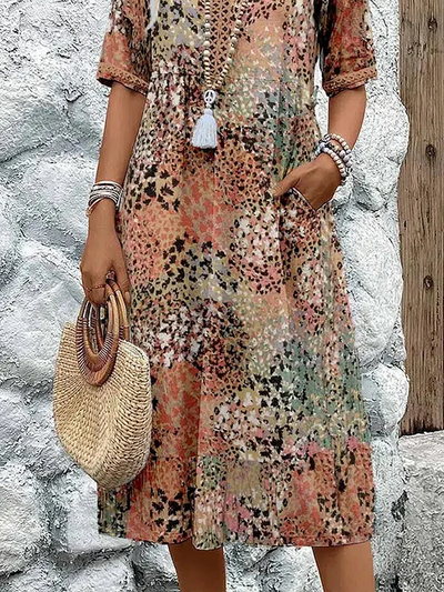 Sommerkleid mit V-Ausschnitt & Allover-Muster – Knielang & bequem
