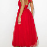 Elegantes Tüllkleid – Halterneck Midikleid mit A-Linie & Schleierkragen