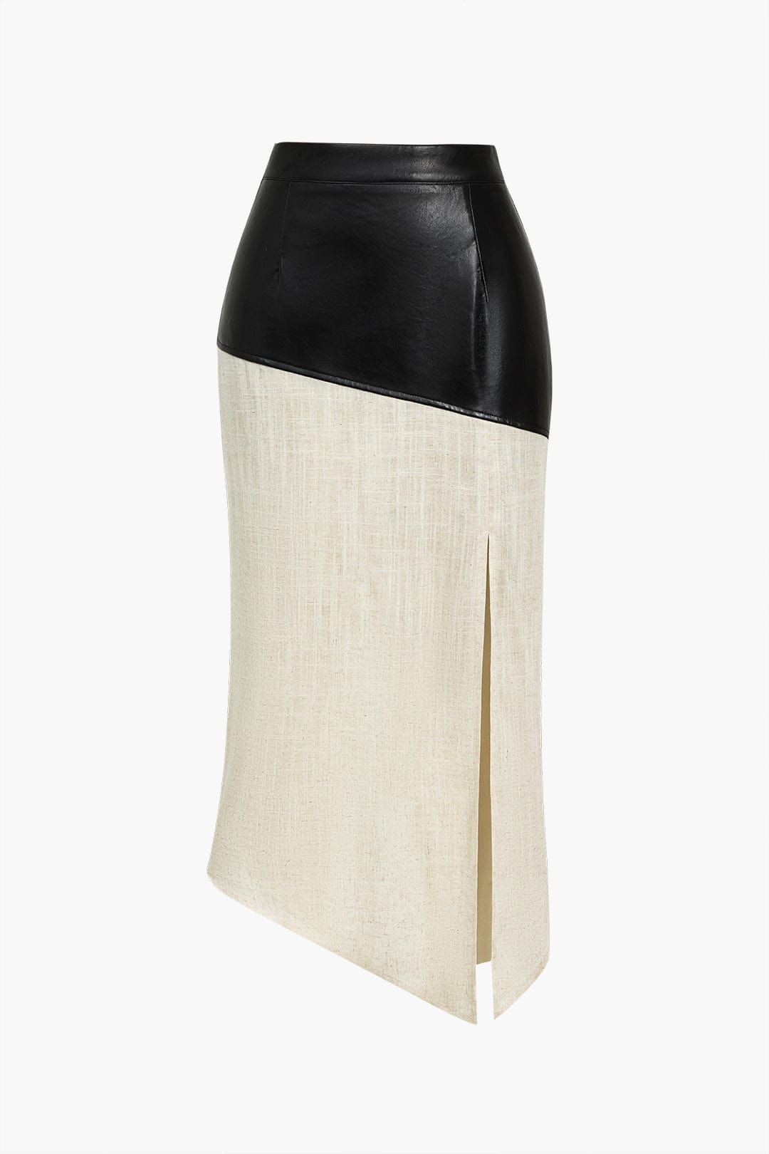 Danica | Eleganter Midirock mit asymmetrischem Kunstleder und Leinen-Design