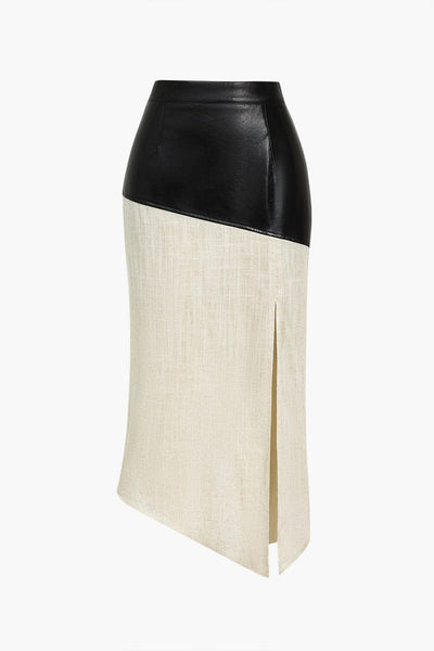 Danica | Eleganter Midirock mit asymmetrischem Kunstleder und Leinen-Design