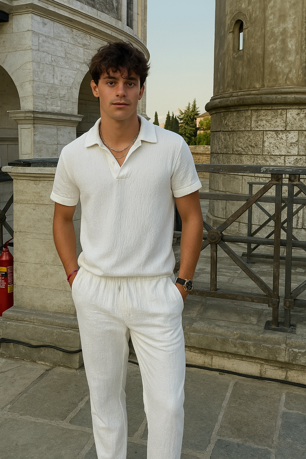 Junger Mann trägt weißes Baumwoll-Sommer-Set mit Polo-Shirt und gerader Hose, inspiriert vom Old-Money-Stil, vor historischer Kulisse