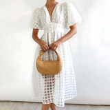 Midi-Kleid mit Karomuster – Luftiges Sommerkleid mit V-Ausschnitt & Puffärmeln