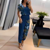 Damen Sommer Zweiteiler mit modernem Print und V-Ausschnitt