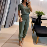 Damen Sommer Zweiteiler mit modernem Print und V-Ausschnitt