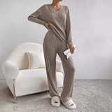 Damen Zweiteiler Strick Set mit V-Ausschnitt und weitem Schnitt