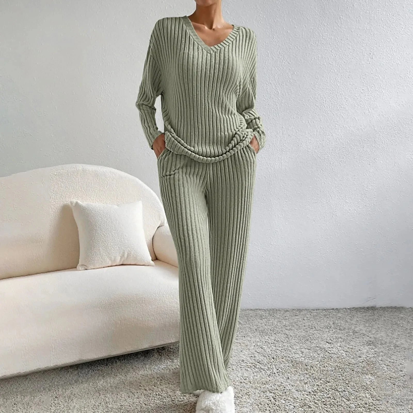 Damen Zweiteiler Strick Set mit V-Ausschnitt und weitem Schnitt