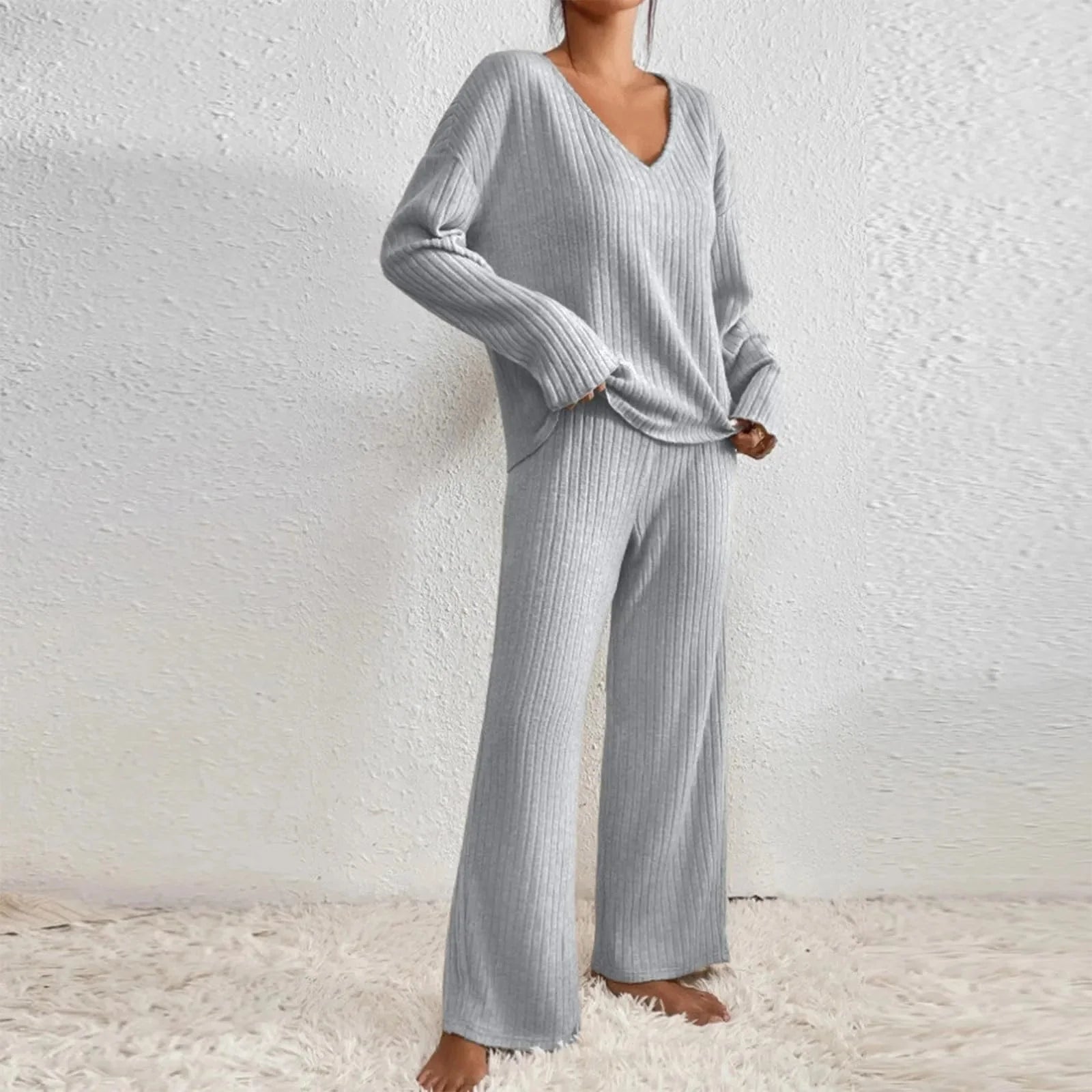 Damen Zweiteiler Strick Set mit V-Ausschnitt und weitem Schnitt