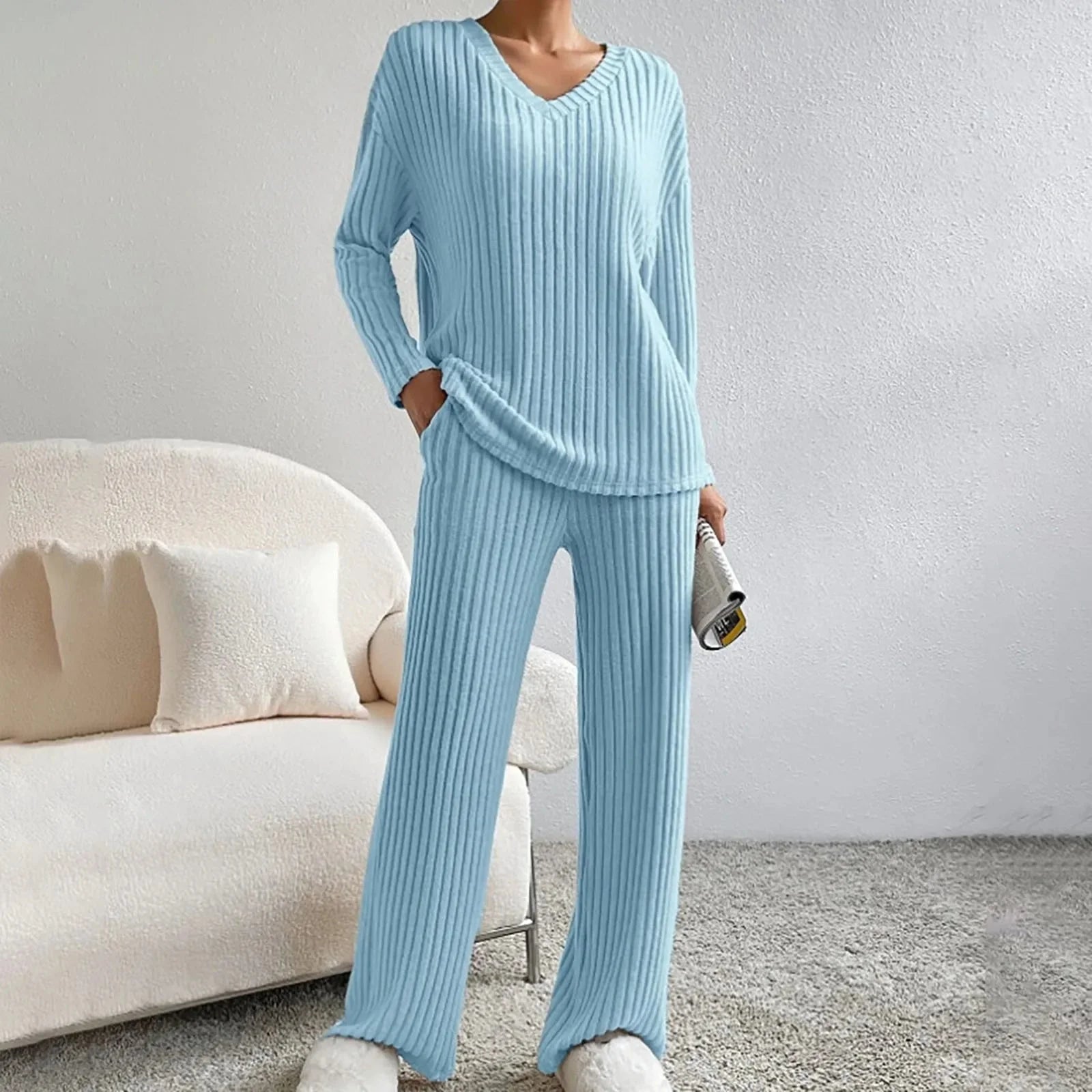 Damen Zweiteiler Strick Set mit V-Ausschnitt und weitem Schnitt