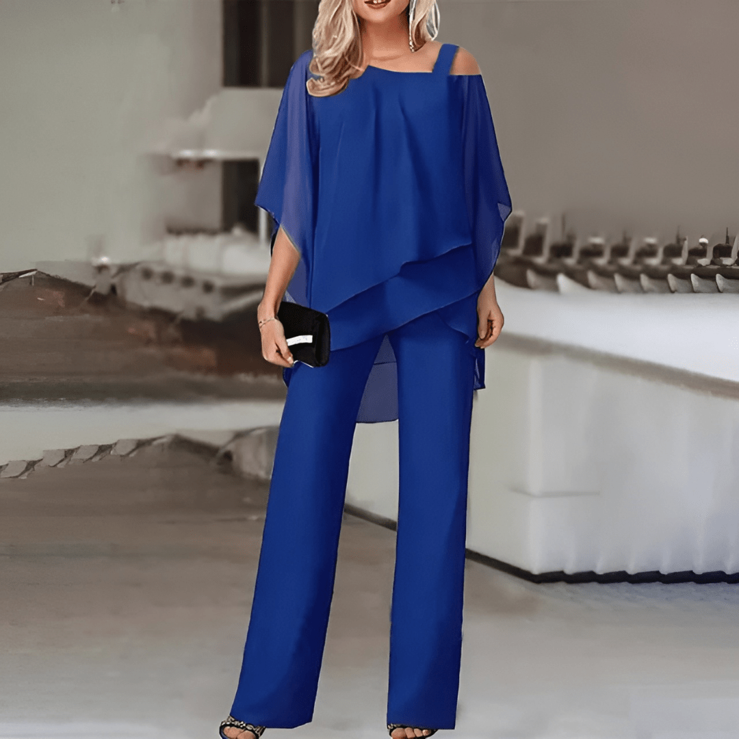 Damen Abend Zweiteiler mit asymmetrischem Chiffon-Top und eleganter Hose