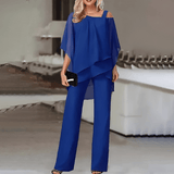 Damen Abend Zweiteiler mit asymmetrischem Chiffon-Top und eleganter Hose