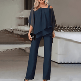 Damen Abend Zweiteiler mit asymmetrischem Chiffon-Top und eleganter Hose