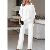 Damen Abend Zweiteiler mit asymmetrischem Chiffon-Top und eleganter Hose