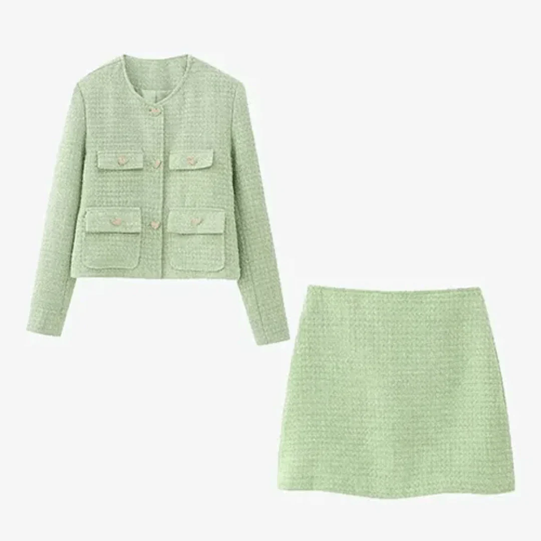 Damen Tweed Zweiteiler – Elegante Jacke & Minirock im Set
