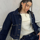Damen-Denim-Set – Cropped Jeansjacke & High-Waist Minirock mit Umschlag