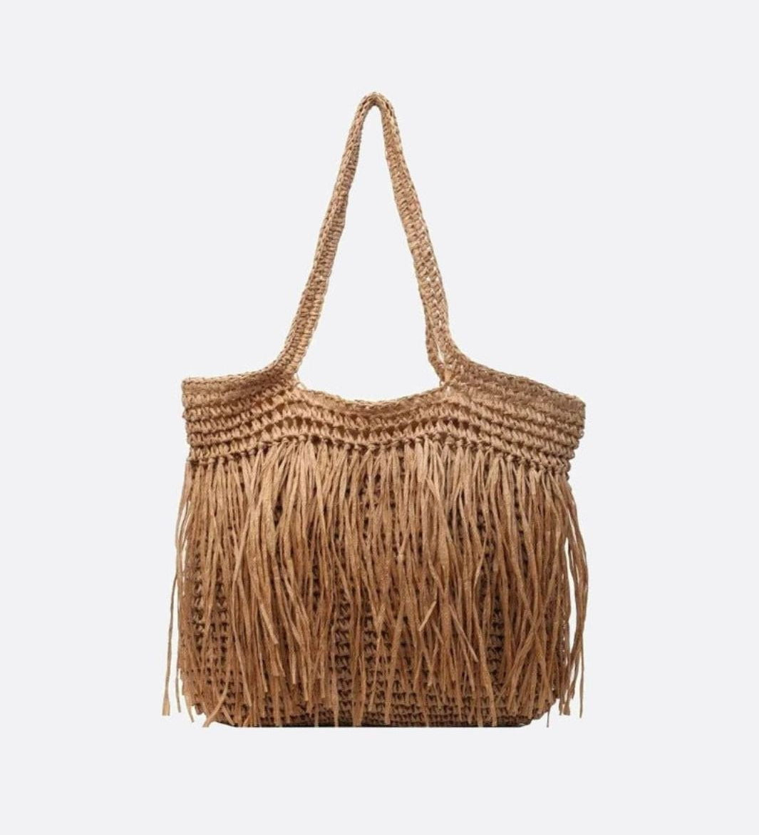 Sola | Große Strohtasche mit Fransen & Reißverschluss – Schulter-Tote Bag